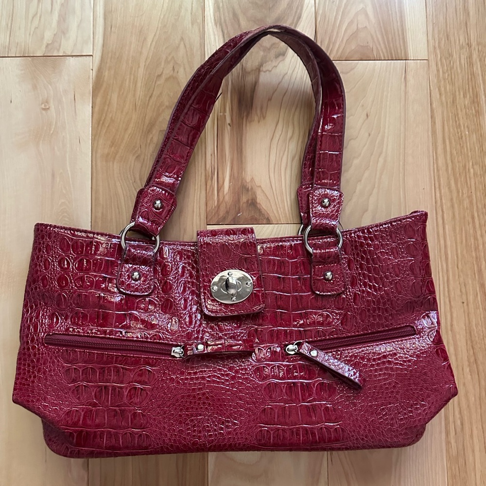 Red shiny snake print shoulder bag